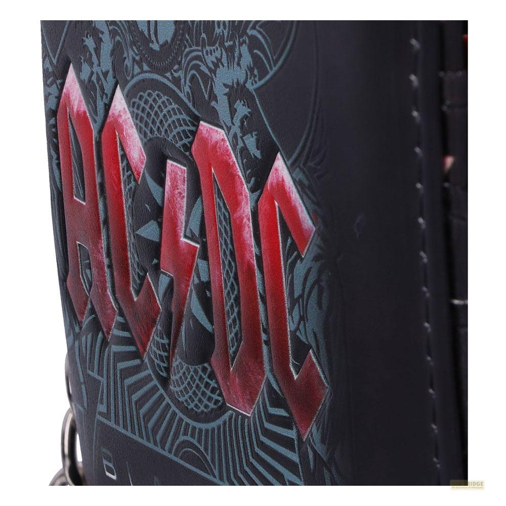 Schwarze Tasche mit rotem AC/DC-Logo und grauen Mustern.