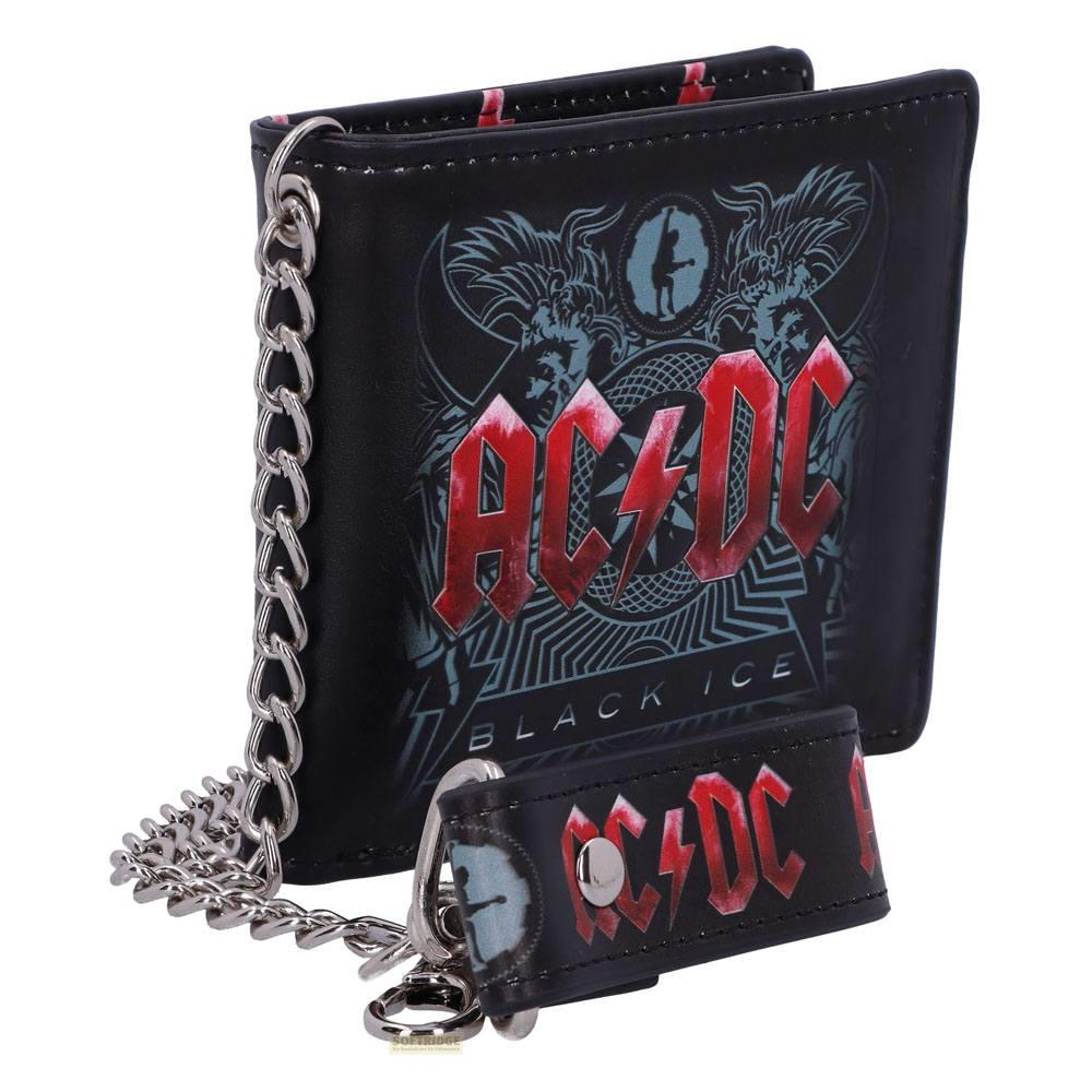 Schwarzes Portemonnaie mit Kette, AC/DC-Logo und Schlüsselanhänger.