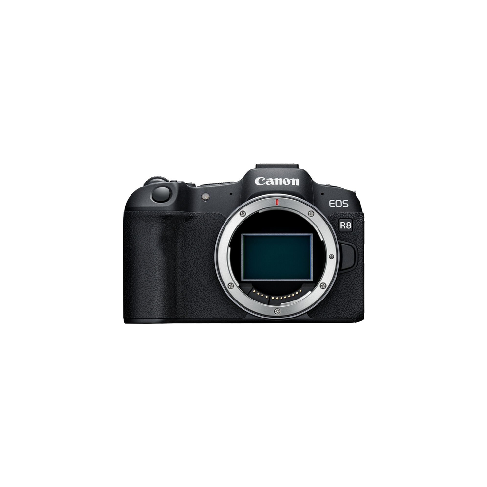 Siyah Canon EOS R8 fotoğraf makinesi, önden görünüm, lens takılı değil.