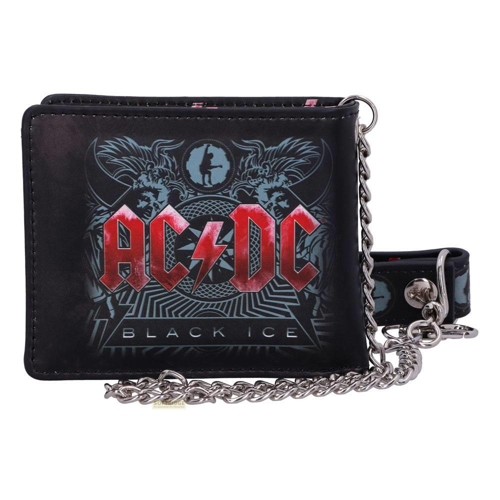 Schwarzes AC/DC-Portemonnaie mit Kette, mit Bandlogo und „Black Ice“-Schriftzug.