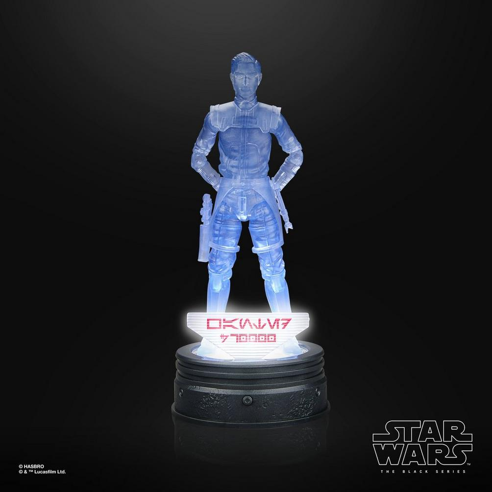 Figura azul translúcida de Star Wars sobre base negra con letrero brillante.