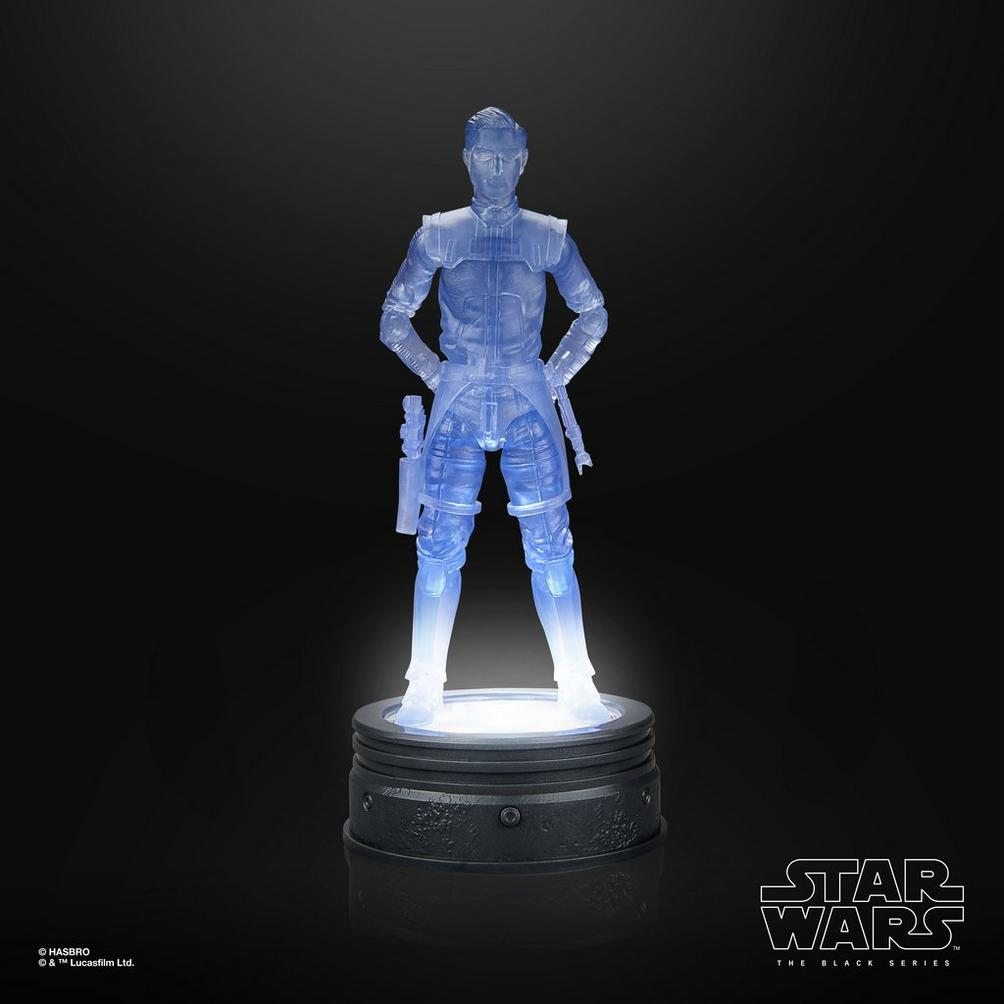 Un personaje azul transparente de Star Wars está sobre un pedestal.