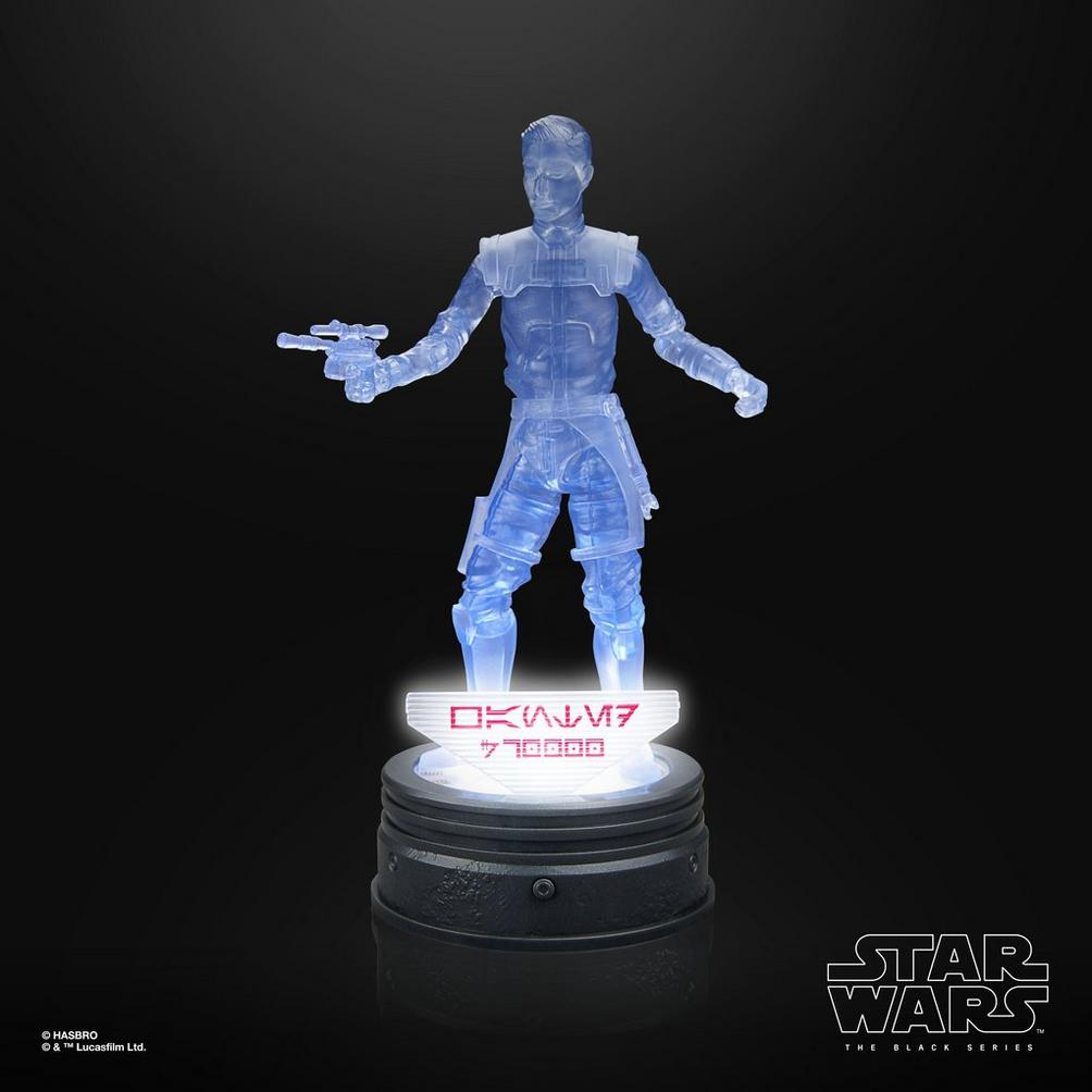 Una figura translúcida azul de Star Wars con un bláster sobre una base.