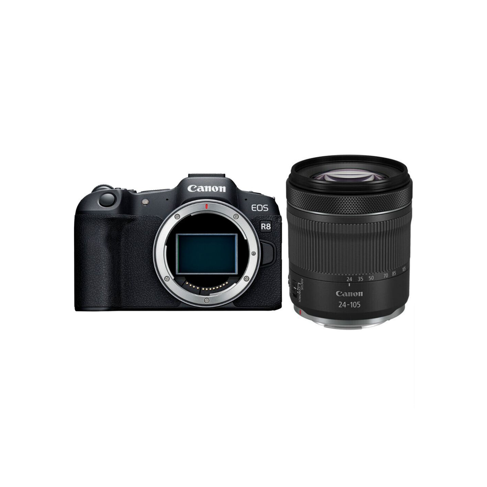 Yanında lensi bulunan siyah bir Canon EOS R8 kamera.