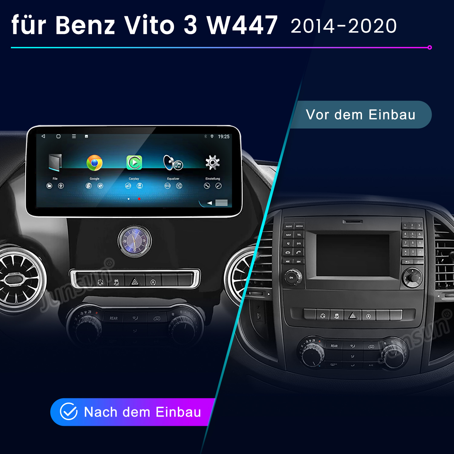 Vorher/Nachher-Vergleich eines Autoradios für Benz Vito W447.