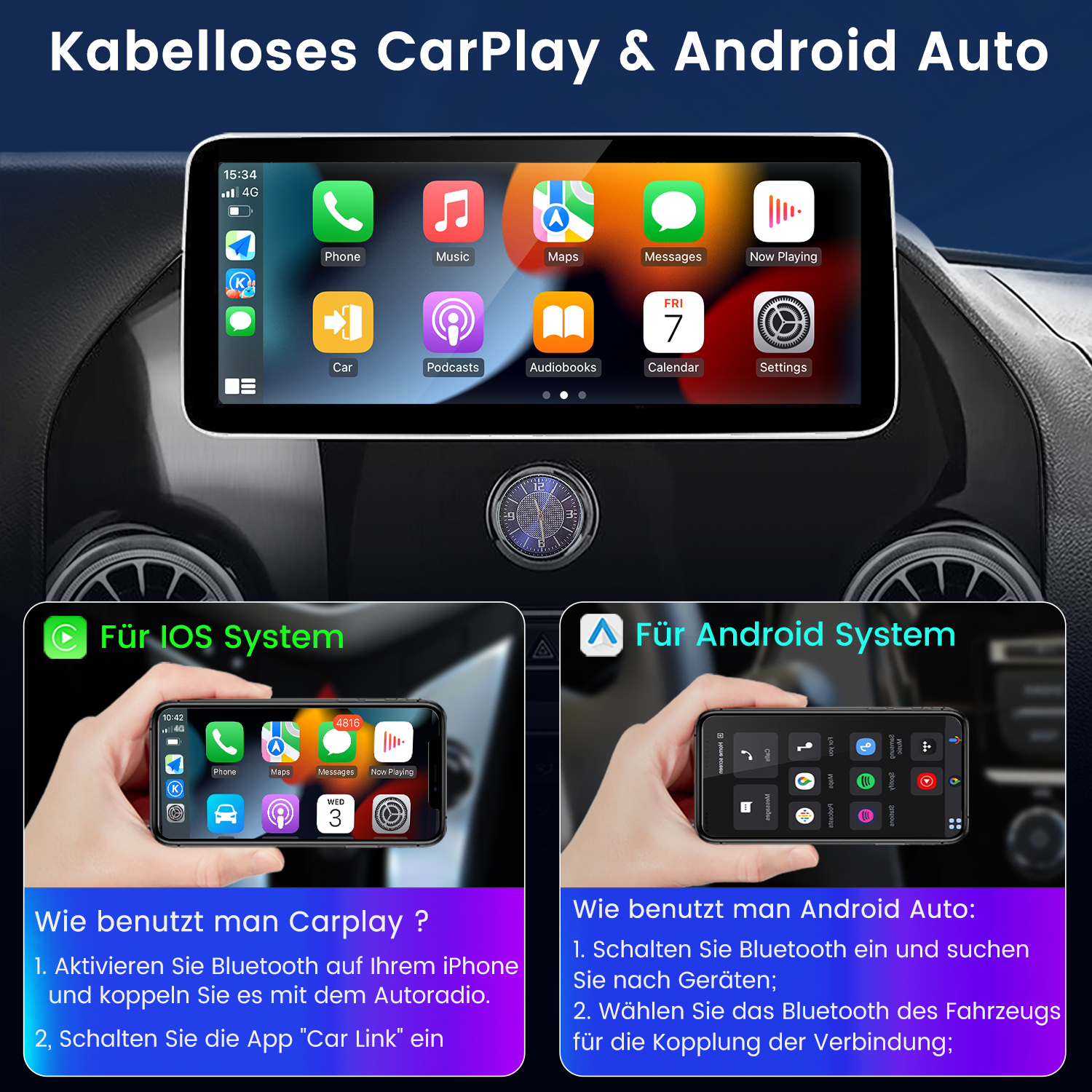 Bildschirm zeigt Kabelloses CarPlay & Android Auto mit App-Icons.