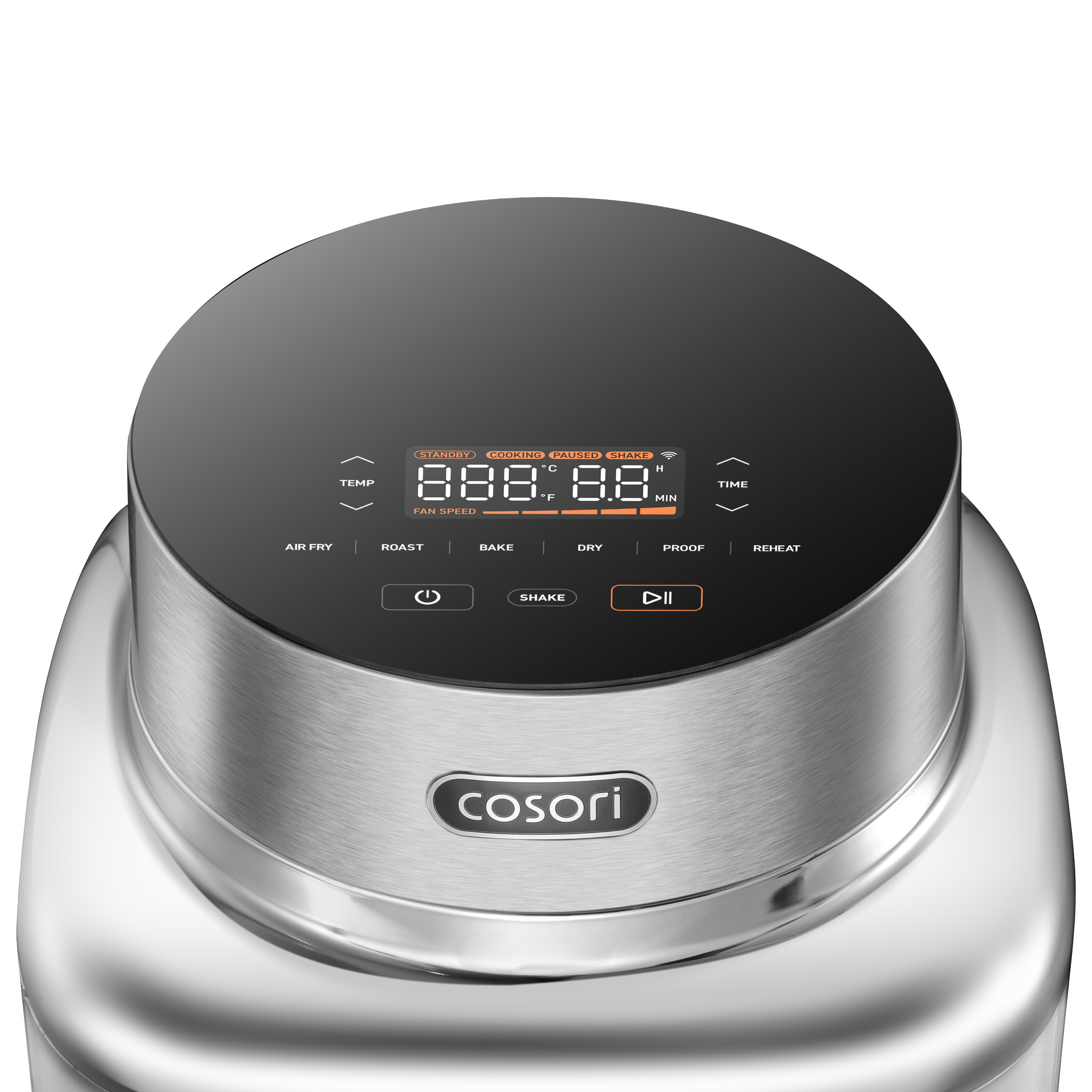 Ein silberner COSORI Airfryer mit digitalem Display, das Kochen, Zeit und Temperatur anzeigt.