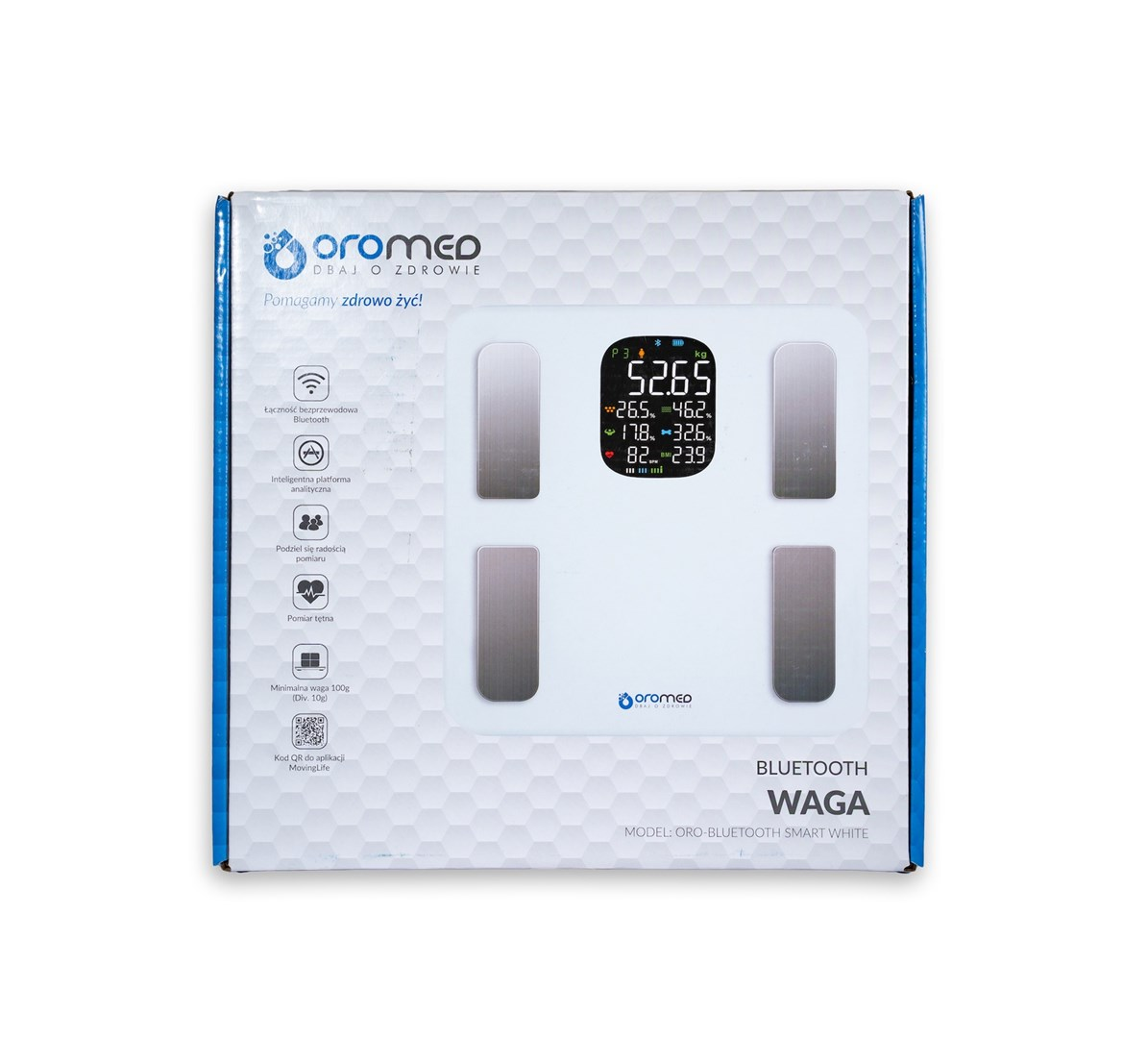 Opakowanie białej wagi smart z logo Orto i wyświetlaczem Bluetooth.