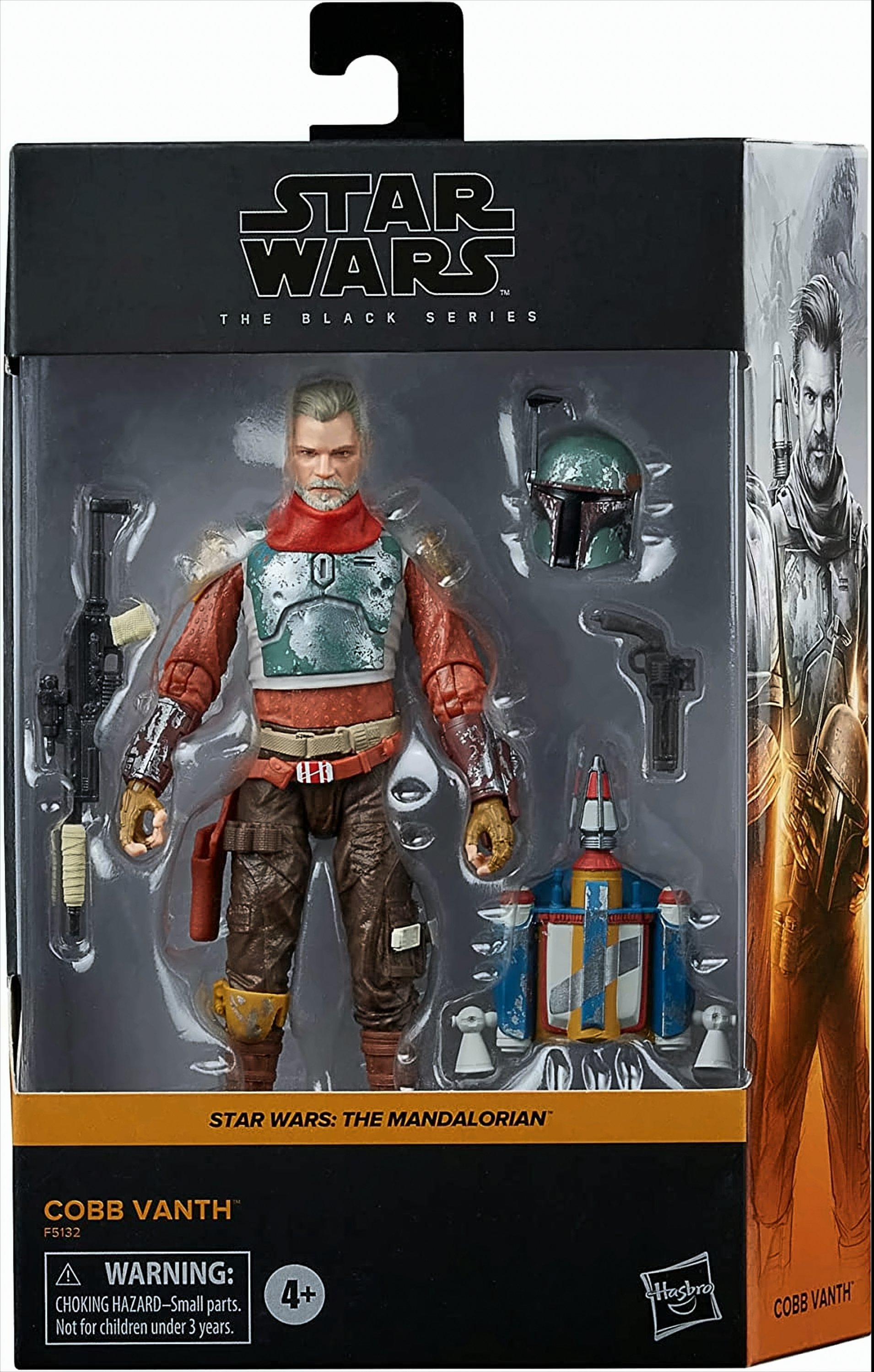 Star Wars Cobb Vanth Actionfigur in Verpackung mit Zubehör, Helm und Waffen.