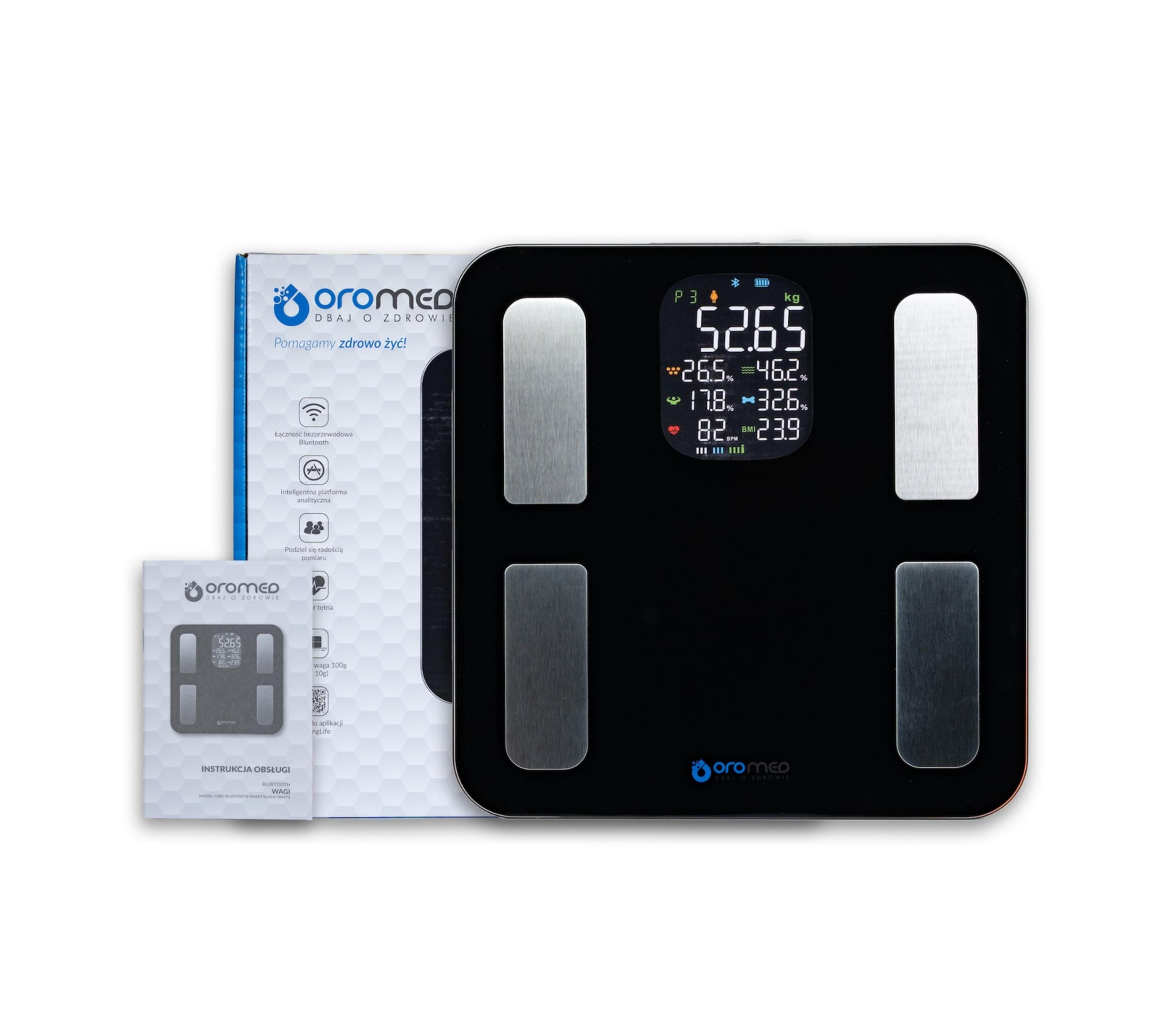 Bilancia smart digitale nera con accenti argentati e display illuminato.