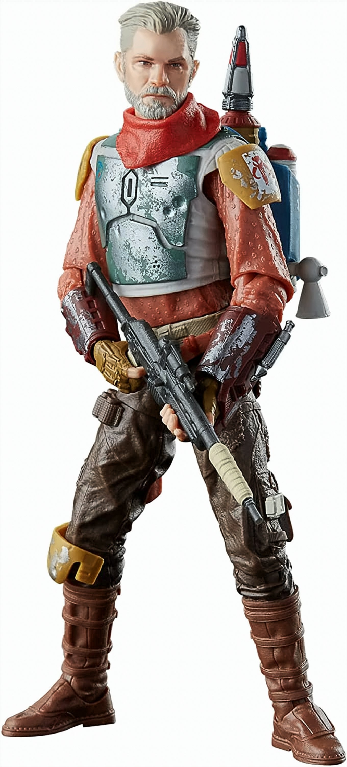 Eine Actionfigur eines Mannes mit grauem Haar, Bart, rotem Schal und Waffe.