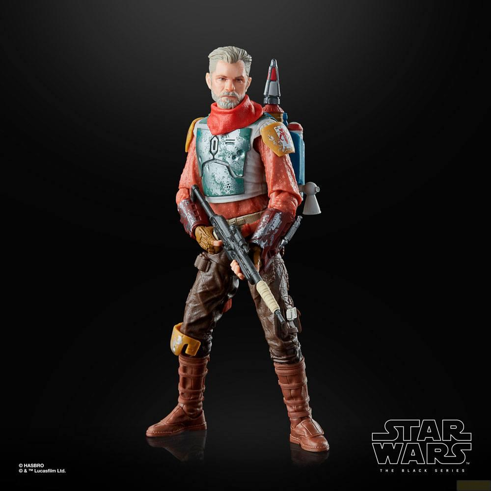 Eine Star Wars Actionfigur mit grauem Haar, rotem Schal und Rüstung.