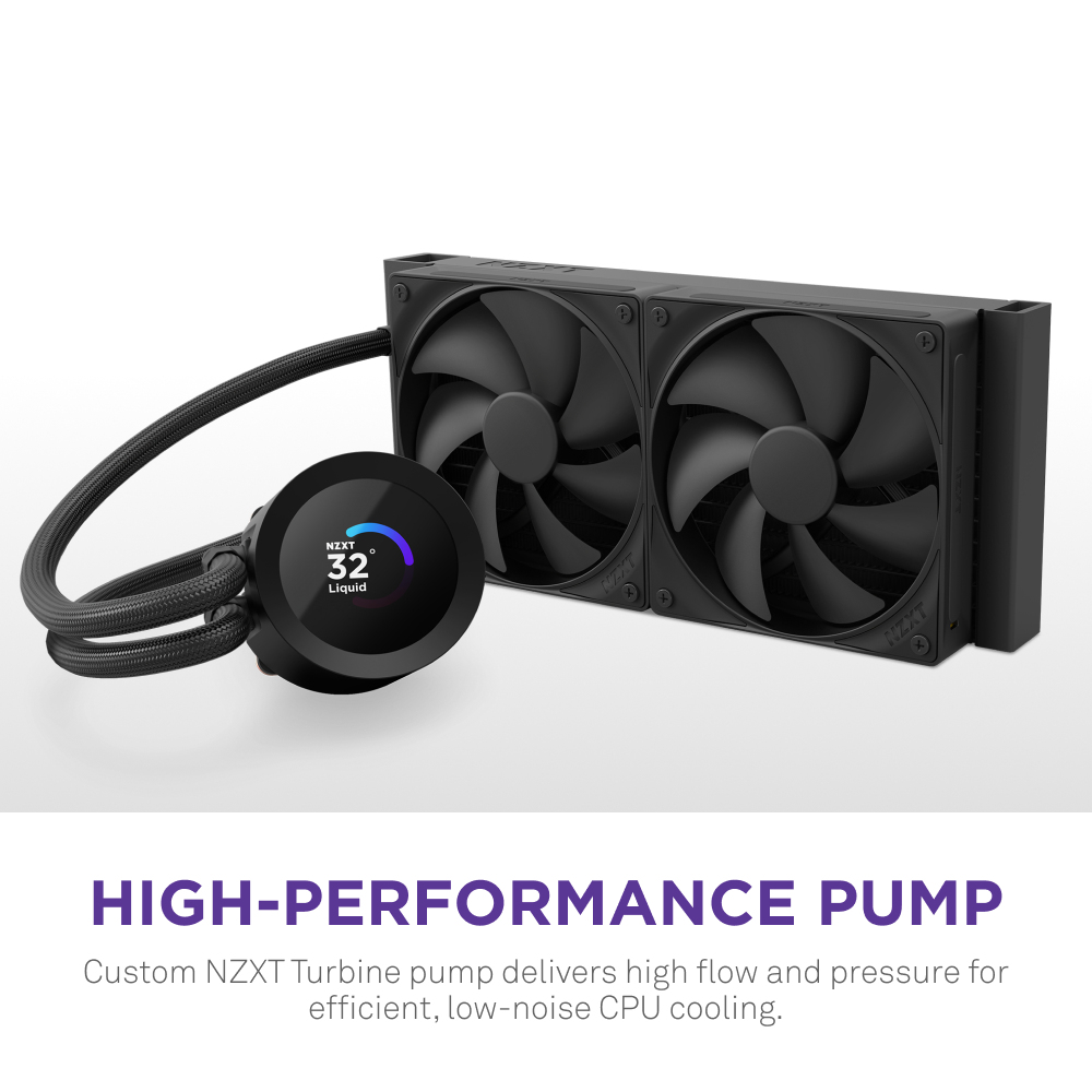 Refroidisseur CPU noir avec double ventilateur et tête de pompe ronde affichant 32°C.