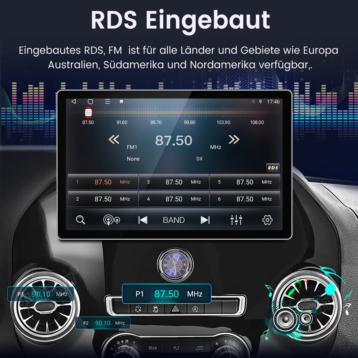 Einbau-RDS-Radio mit FM-Funktion und Frequenzanzeige auf dem Touchscreen.