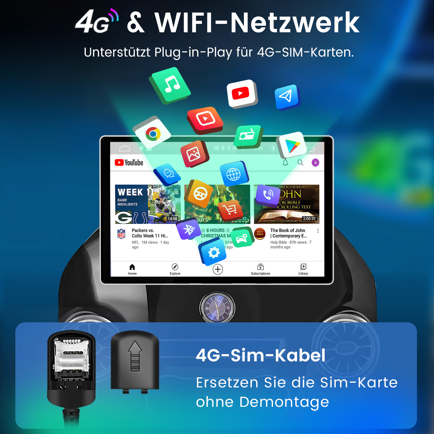 Ein Tablet zeigt Apps, unten ein 4G-SIM-Kartenadapter. 4G & WIFI.