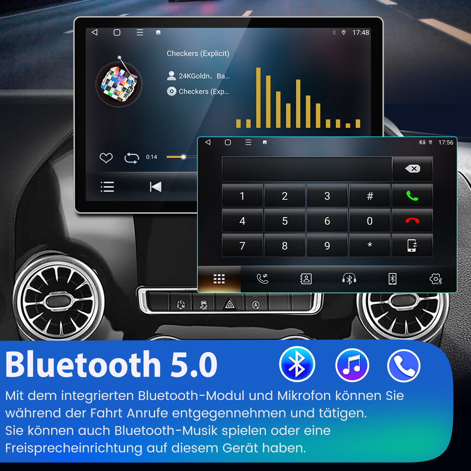 Auto-Infotainmentsystem mit Musik und Telefonmenü. Bluetooth 5.0.