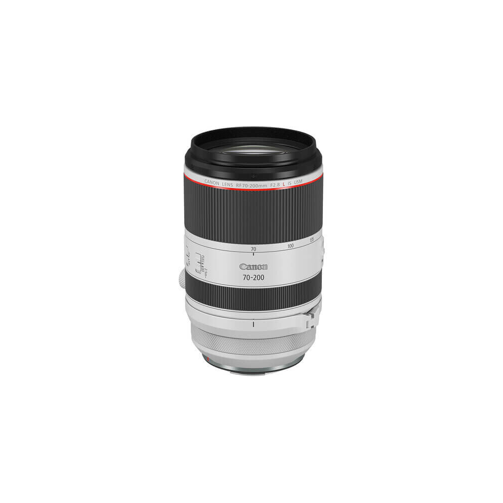Kırmızı ve siyah halkalı beyaz Canon kamera lensi.