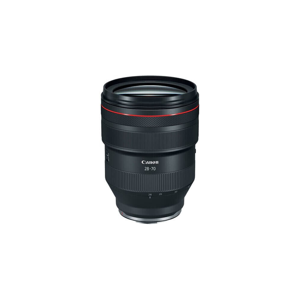 Kırmızı halkalı siyah Canon 28-70mm lens beyaz arka plan üzerinde.