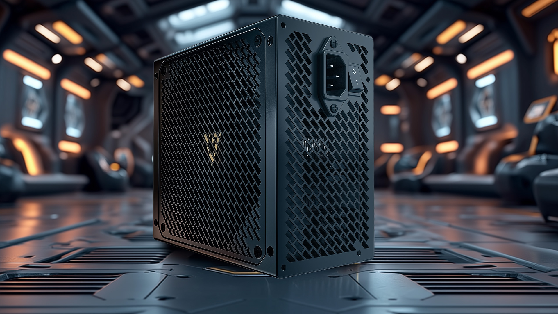 Czarny zasilacz z kratką i przełącznikiem w futurystycznym otoczeniu.