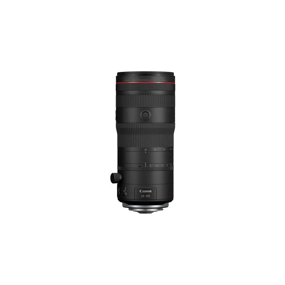 Canon RF 24-105mm F4 L IS USM lens, siyah, zoom halkası ve odak işaretleriyle.