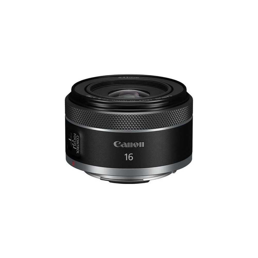 Gümüş aksanlı, üzerinde 16 yazan siyah bir Canon lens.