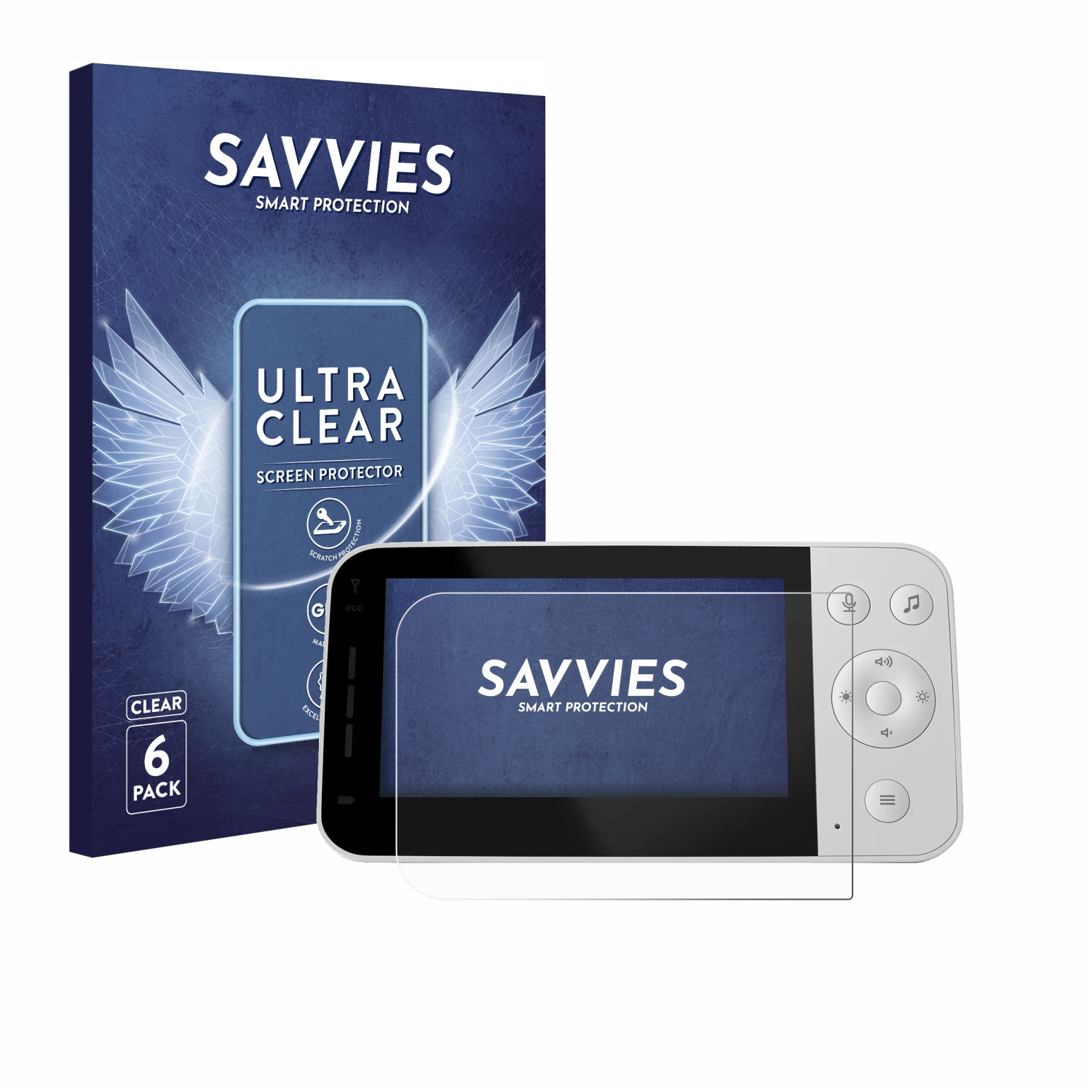 Savvies Verpackung und ein Babyphone mit Displayschutzfolie.