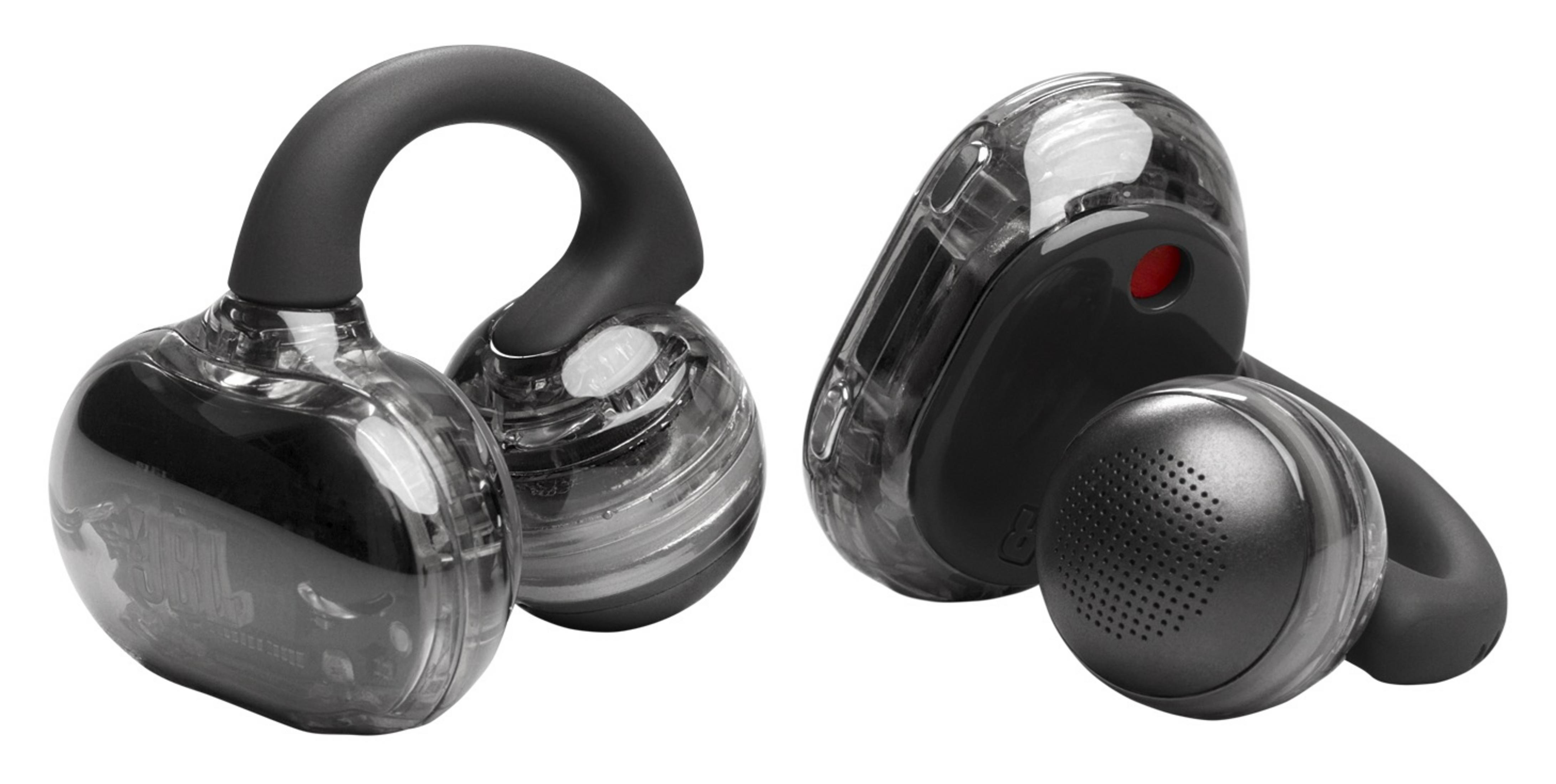 Przezroczyste czarne słuchawki z czarną opaską i czerwonymi akcentami.