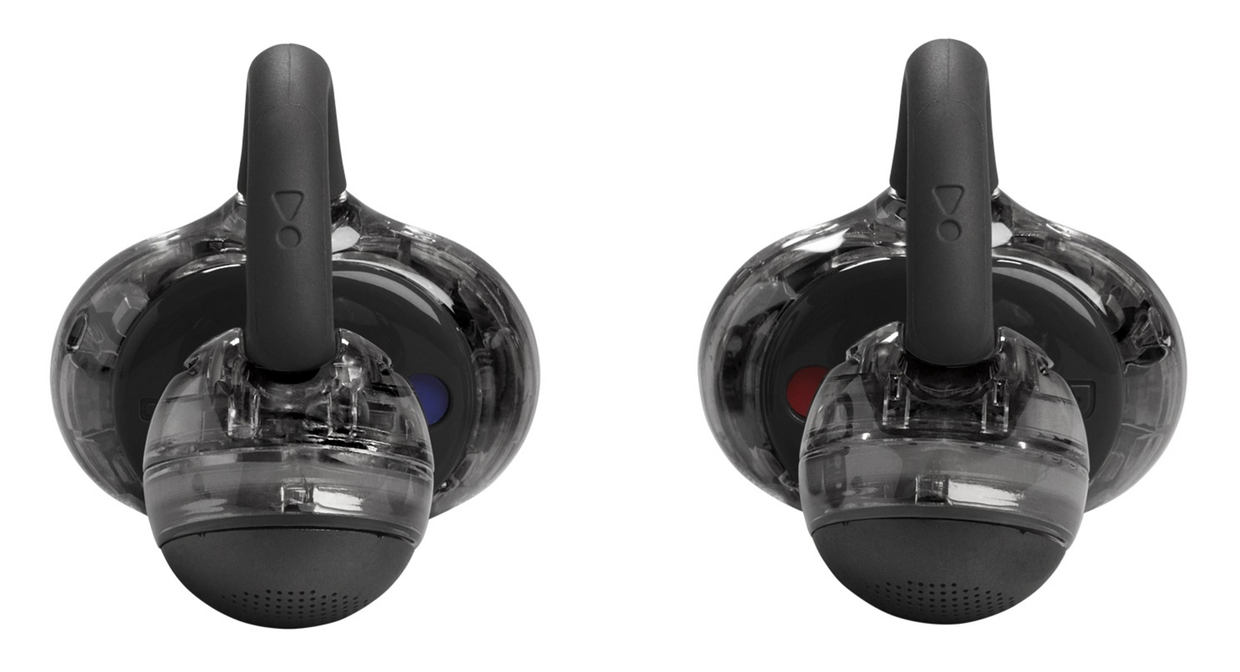 Dwa przezroczyste czarne słuchawki z czarnymi pałąkami i czerwonymi/niebieskimi światłami.