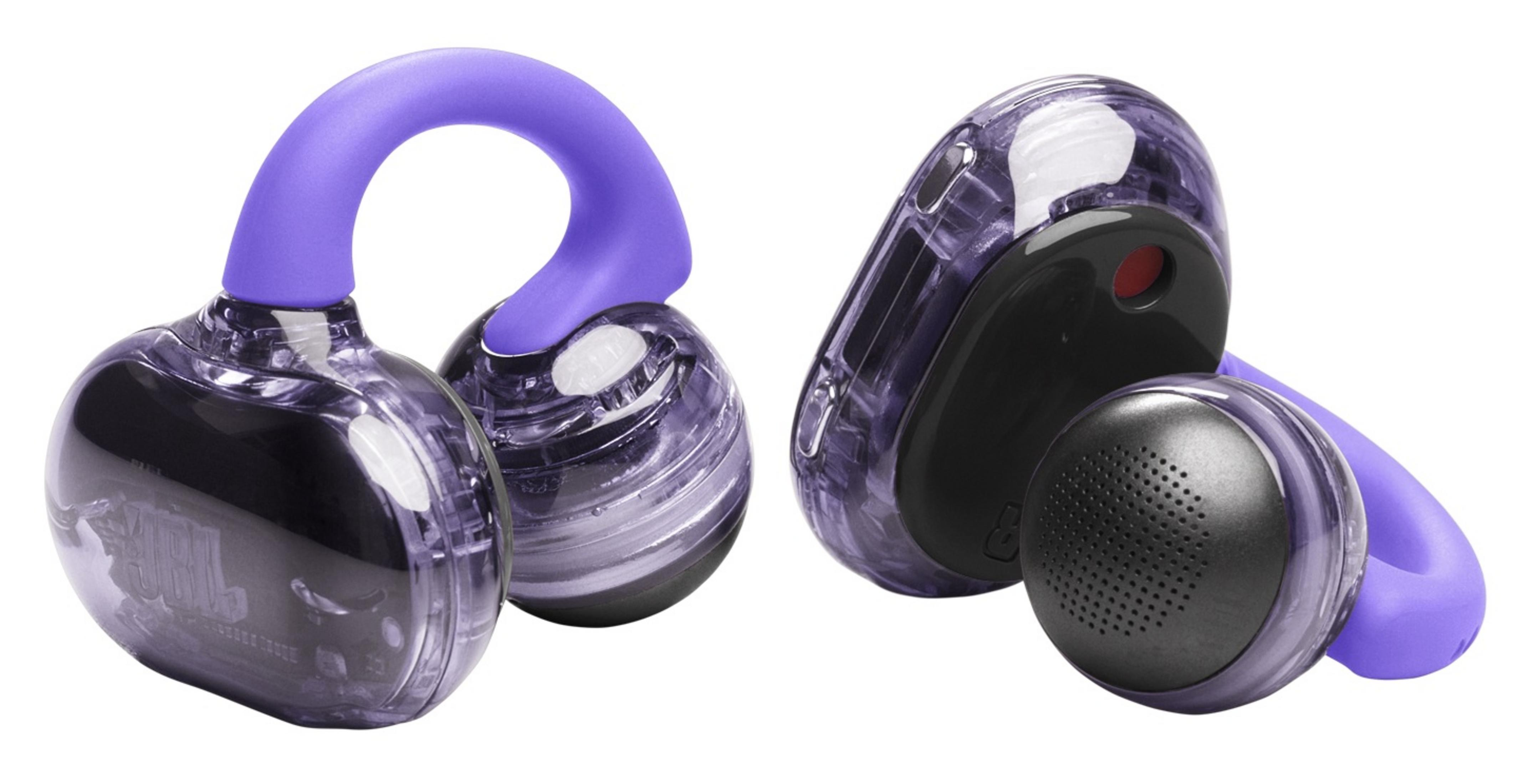 Przezroczyste fioletowe słuchawki z fioletowymi pałąkami, na białym tle.