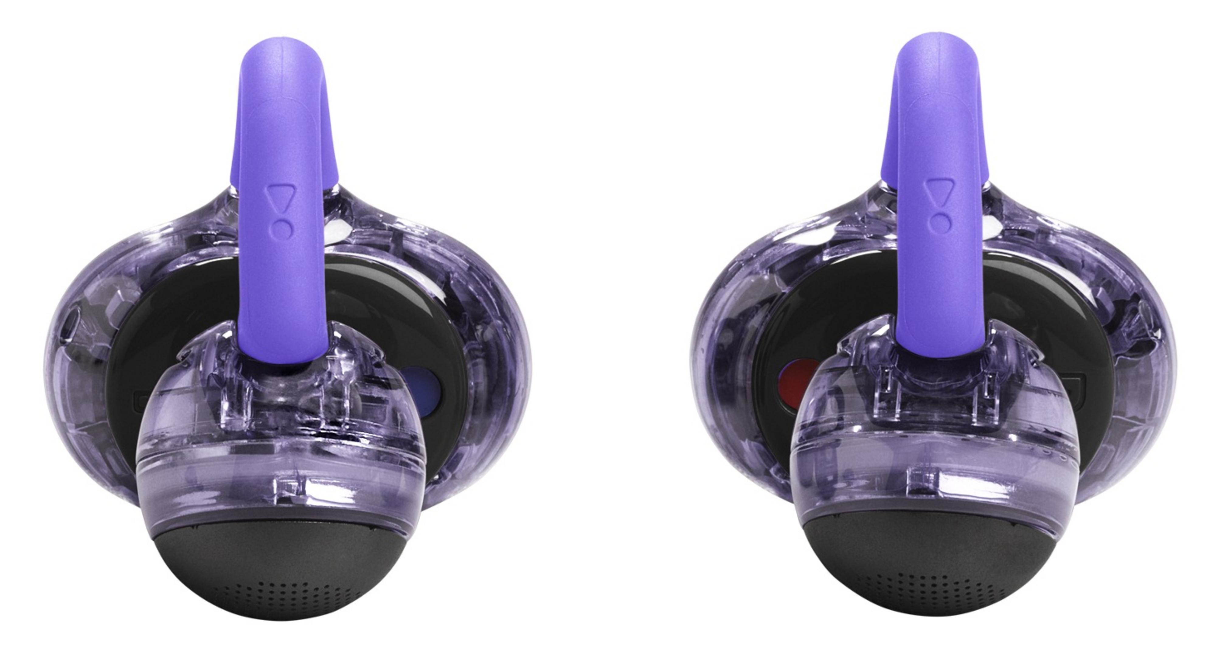 Dwa przezroczyste fioletowe słuchawki z czarnymi wstawkami na białym tle.