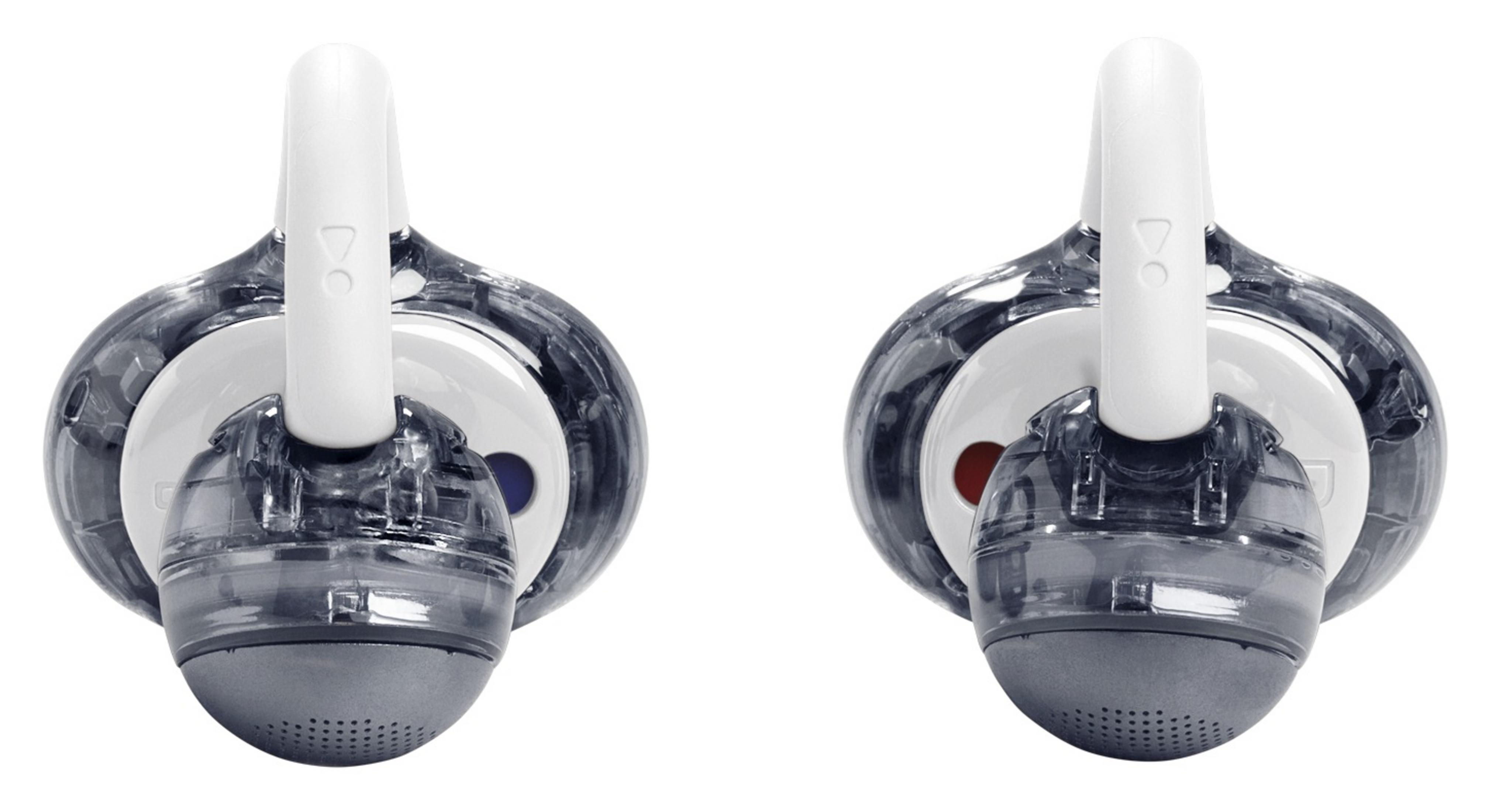 Dwa przezroczyste słuchawki z białymi pałąkami, lewa z niebieskim, prawa z czerwonym wskaźnikiem.