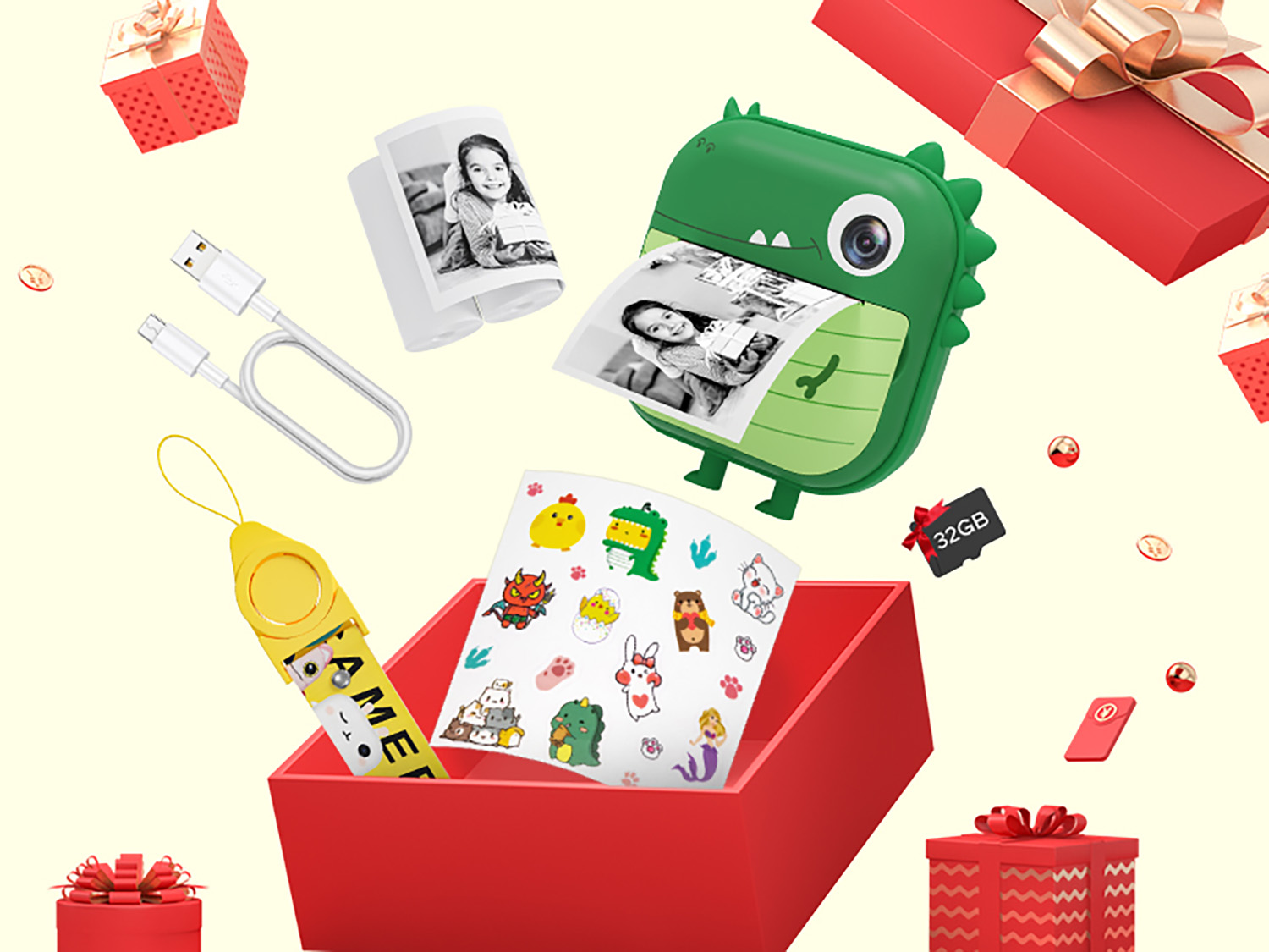 Grüne Dinosaurier-Drucker, USB-Kabel, Sticker und Geschenke.