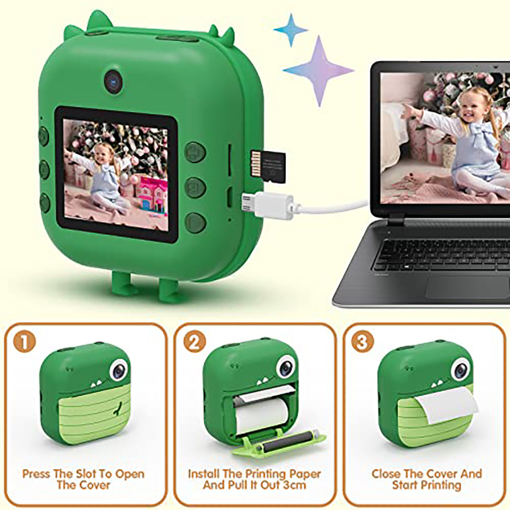 Grüne Dino-Kamera mit Laptop & Druckanleitung. Kleine Kinder auf dem Bildschirm.