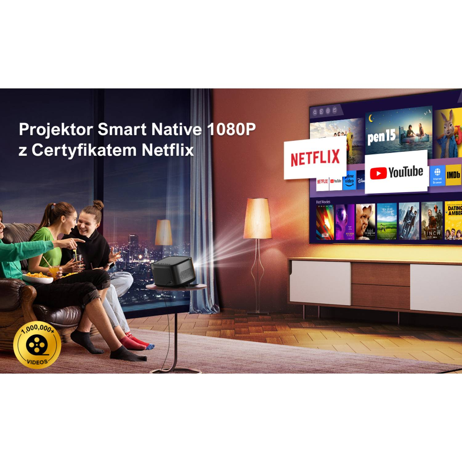 Projektor wyświetla obraz na dużym telewizorze Smart TV z aplikacjami Netflix i YouTube.