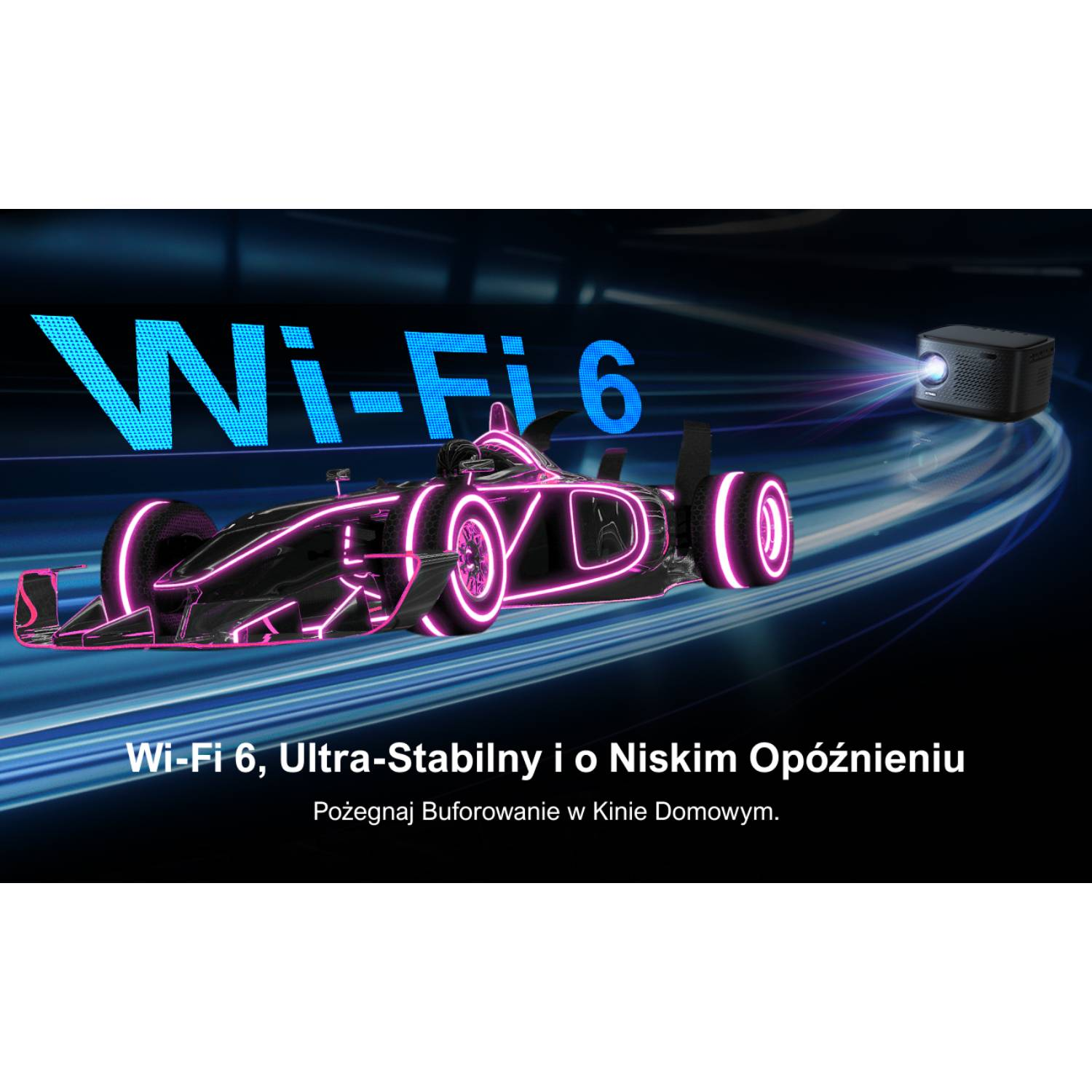 Samochód wyścigowy z neonowym oświetleniem przed symbolami Wi-Fi 6 i projektorem.