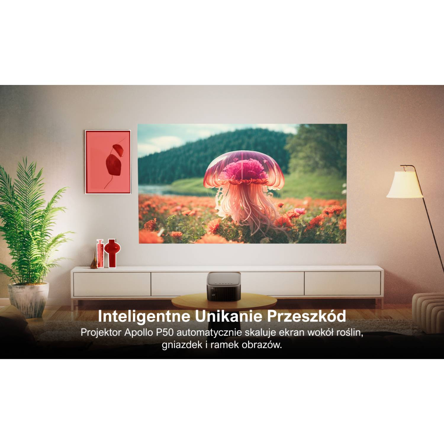 Projektor wyświetla różową meduzę na tle kwitnącego pola.