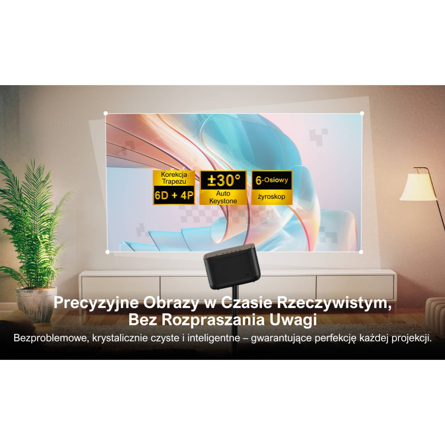 Czarny projektor wyświetla obraz z korekcją trapezoidalną, 6D+4P, ±30° auto keystone, żyroskop 6-osiowy.