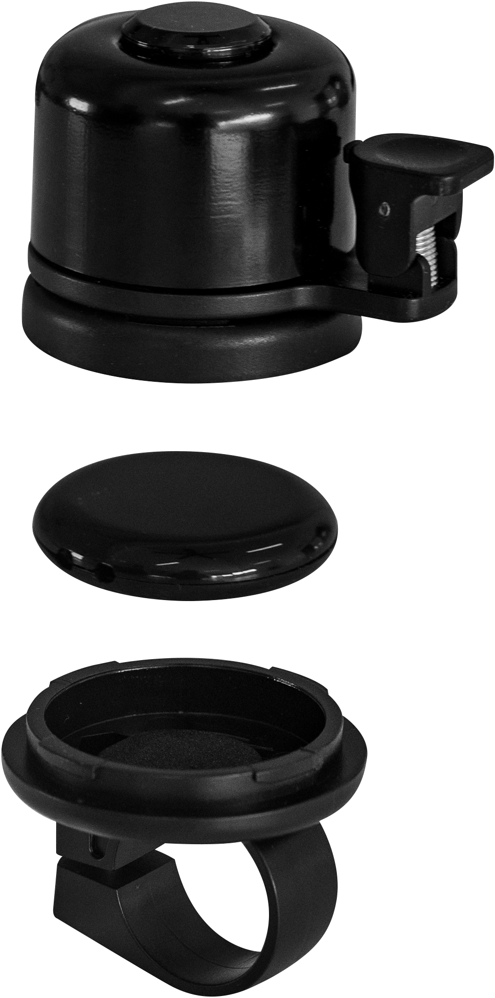 Schwarzer Fahrradklingel-Mechanismus mit separatem Klingelkörper und Halterung.