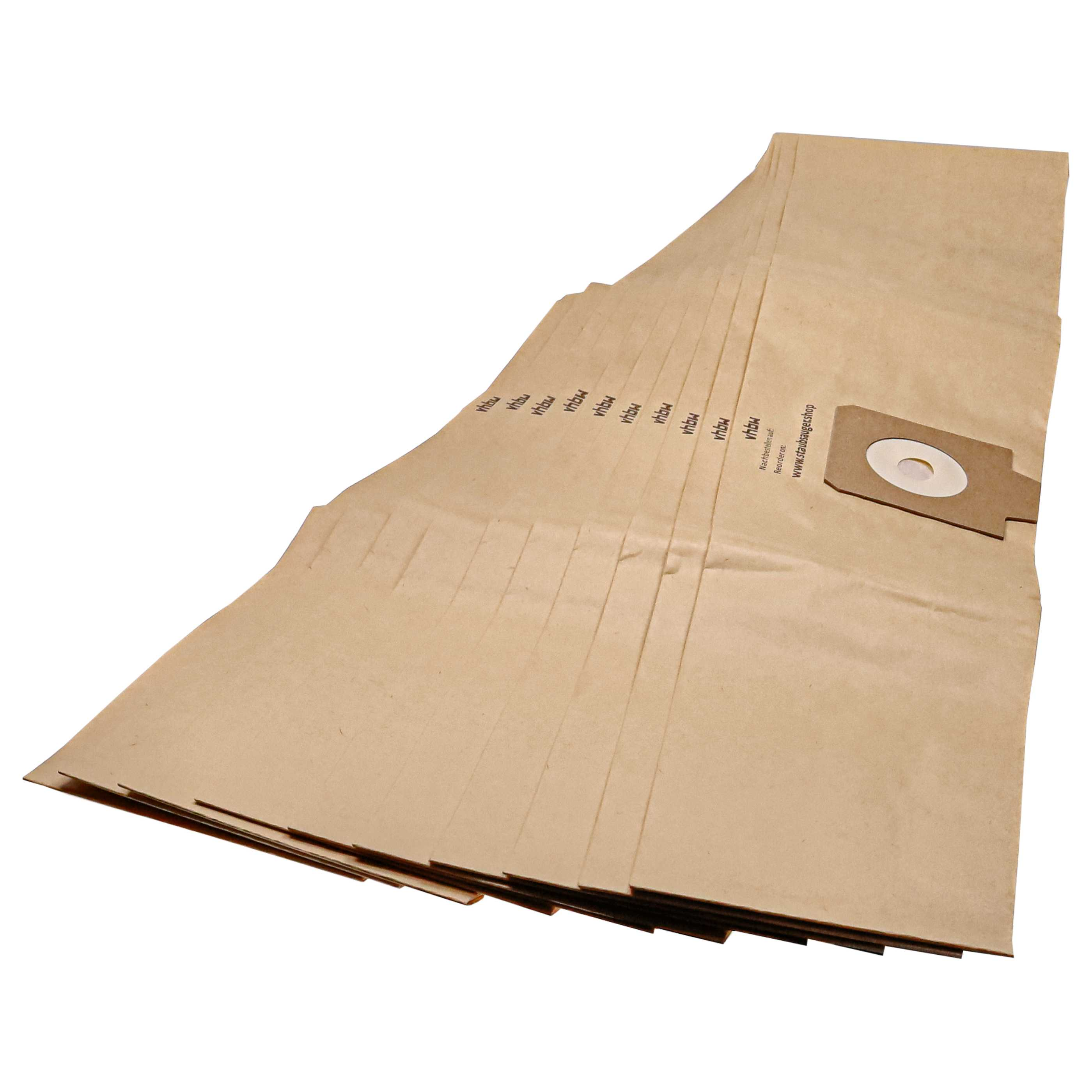 Eine Packung brauner Staubsaugerbeutel, aufgefächert. Einer zeigt einen Anschluss.
