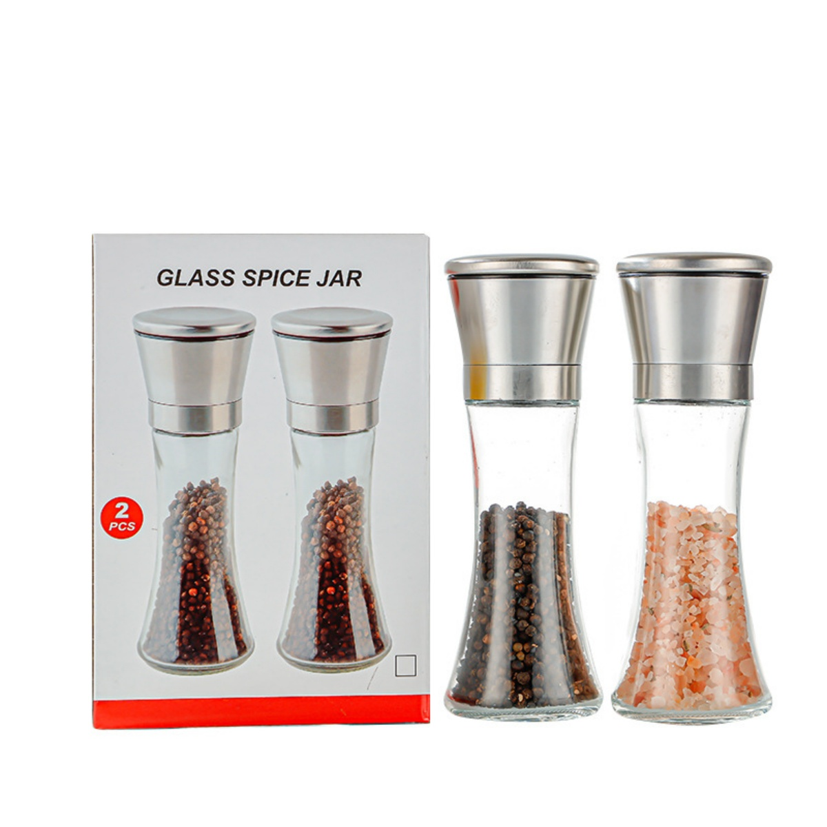 Zwei Glas-Gewürzstreuer mit Edelstahlkappen, einer gefüllt mit Pfefferkörnern, der andere mit rosa Salz.