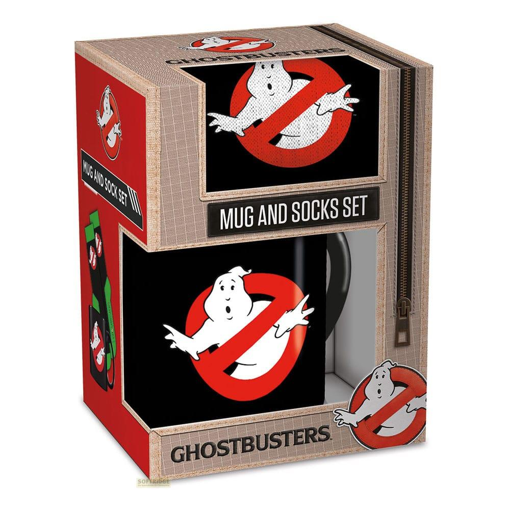 Zestaw kubka i skarpetek Ghostbusters z ikonicznym duchem w czerwonym kółku.