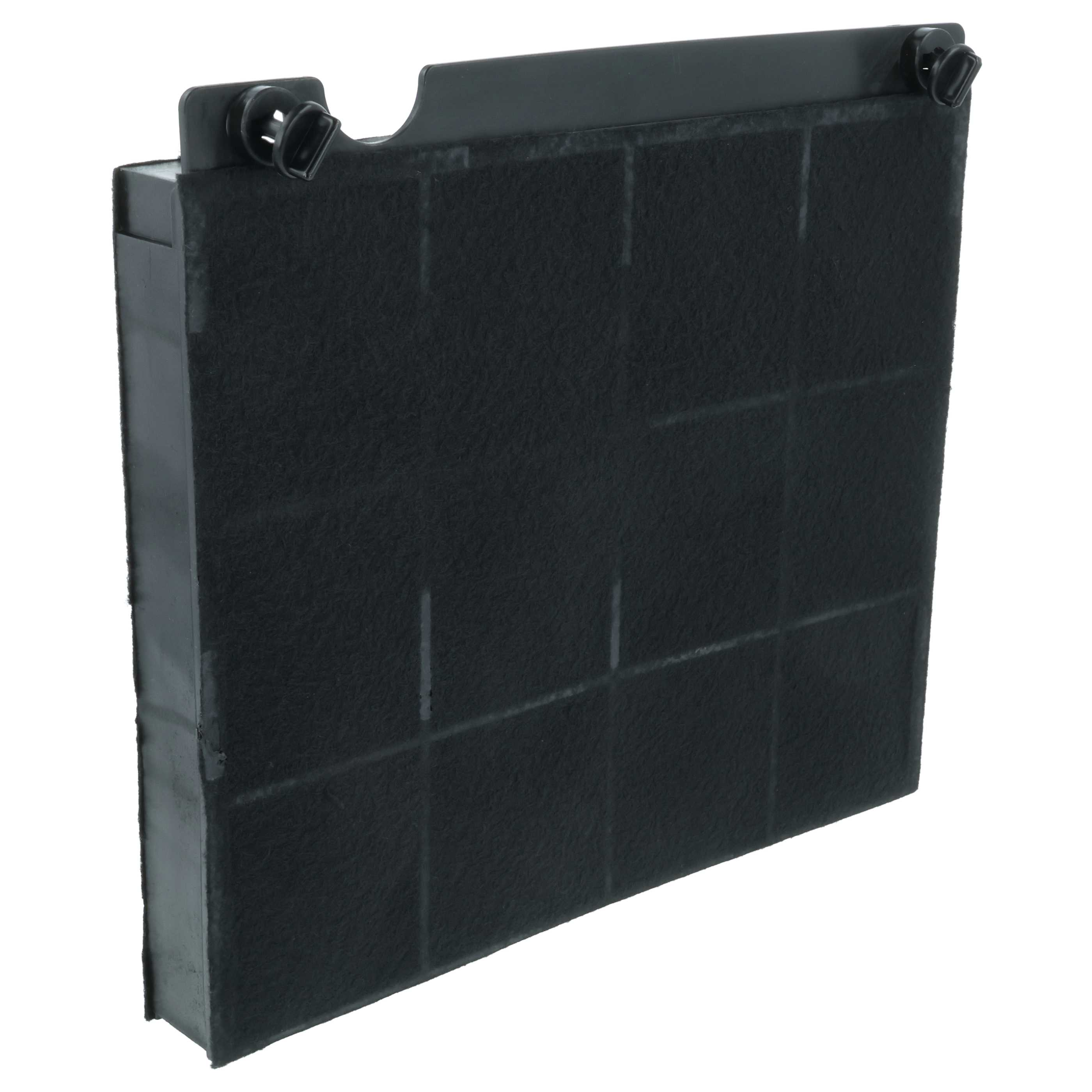 Schwarzer Aktivkohlefilter mit schwarzem Kunststoffrahmen und Clips.
