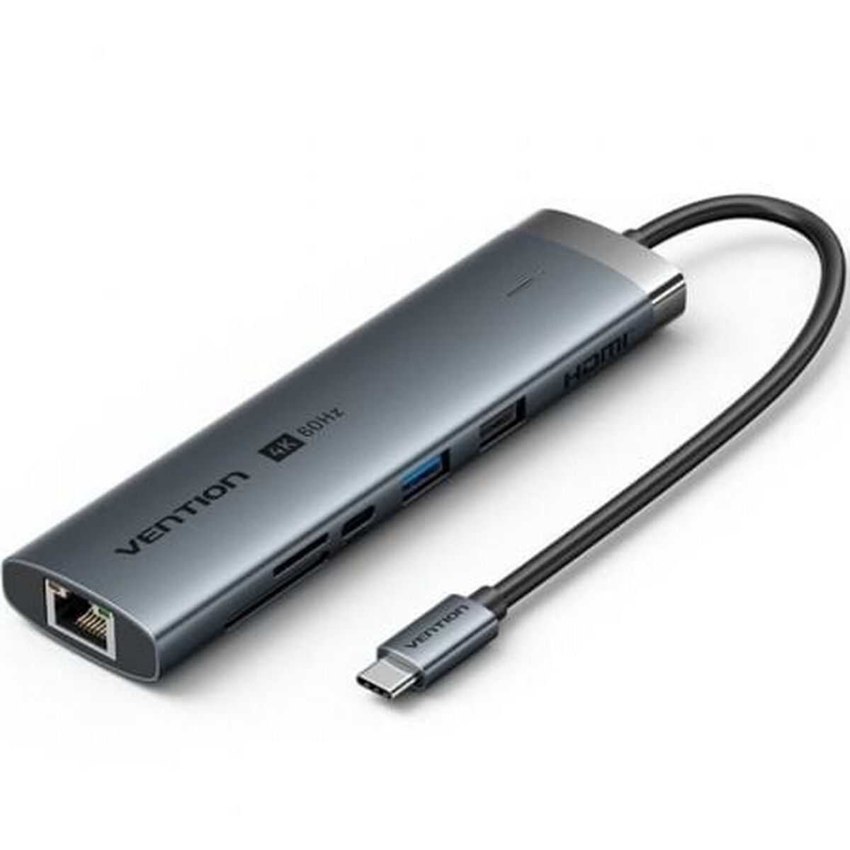 Hub USB-C grigio con porte Ethernet, HDMI, USB-A e cavo di ricarica.