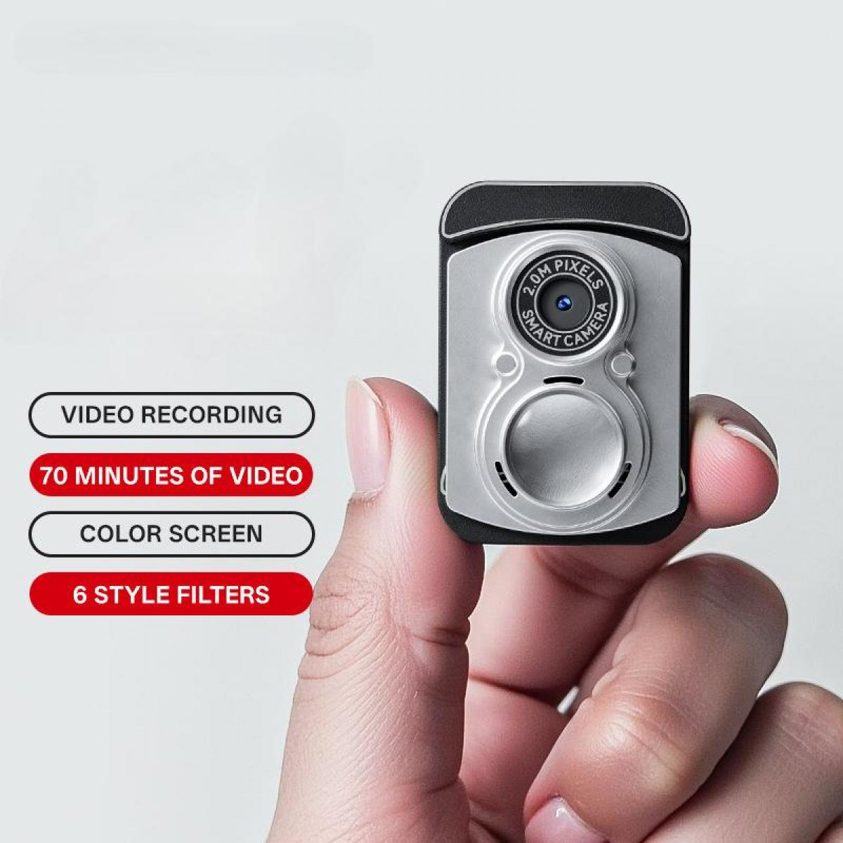 Kleine silberne Kamera mit 2,0 MP, gehalten von Fingern. Links sind Textkästen.