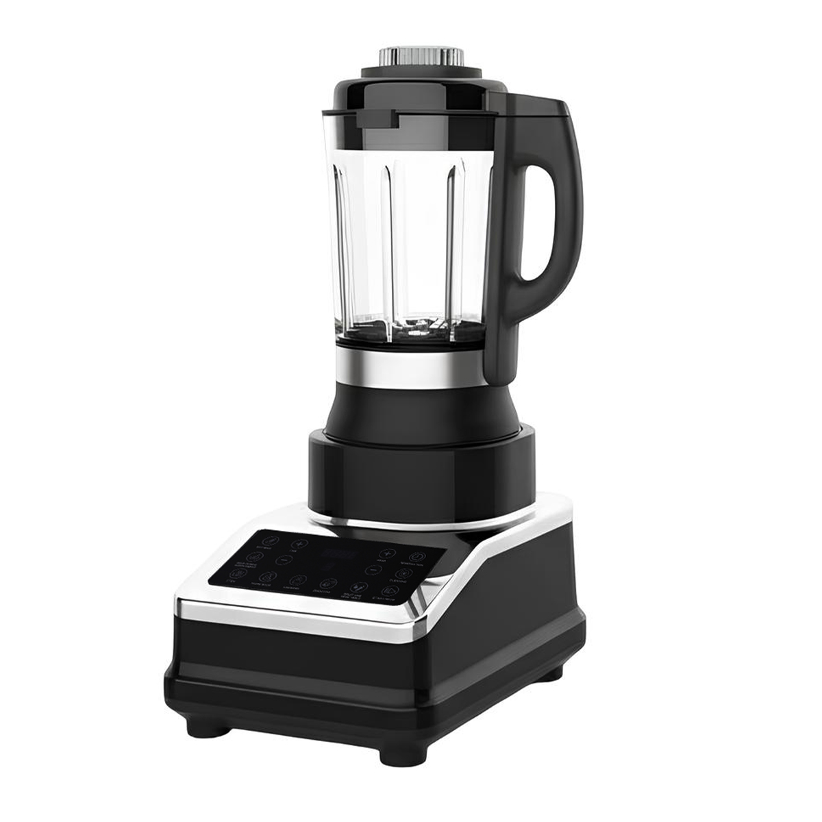 Un frullatore nero con caraffa in vetro e pannello di controllo digitale.