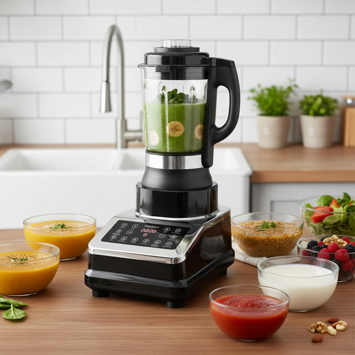 Un frullatore nero con smoothie verde, accanto a ciotole di zuppa, insalata e bacche.