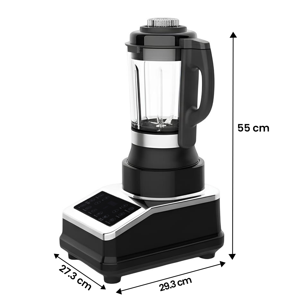 Frullatore nero con caraffa in vetro, alto 55cm, largo 27,3cm.