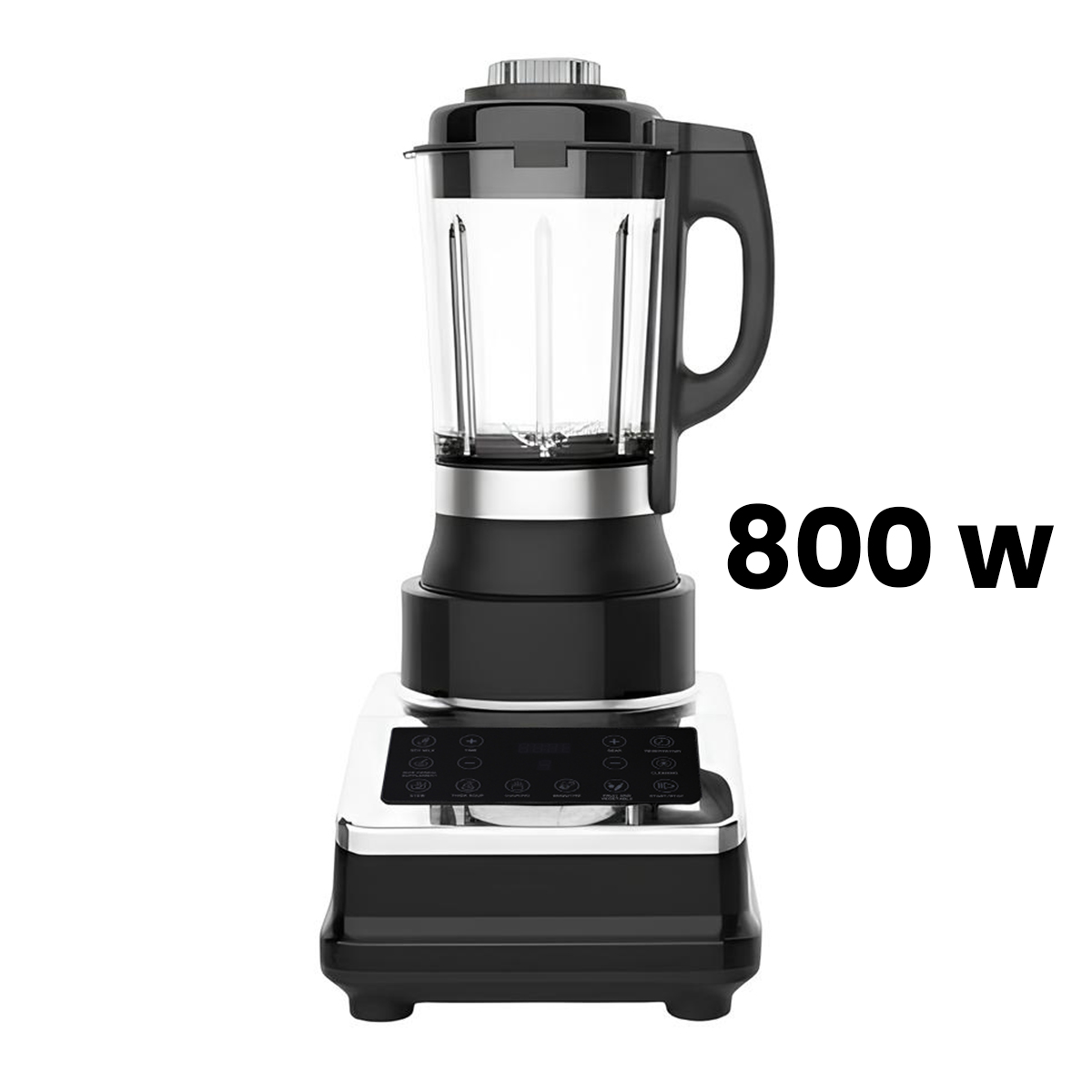 Un frullatore nero da 800W con caraffa in vetro e pannello di controllo digitale su sfondo bianco.