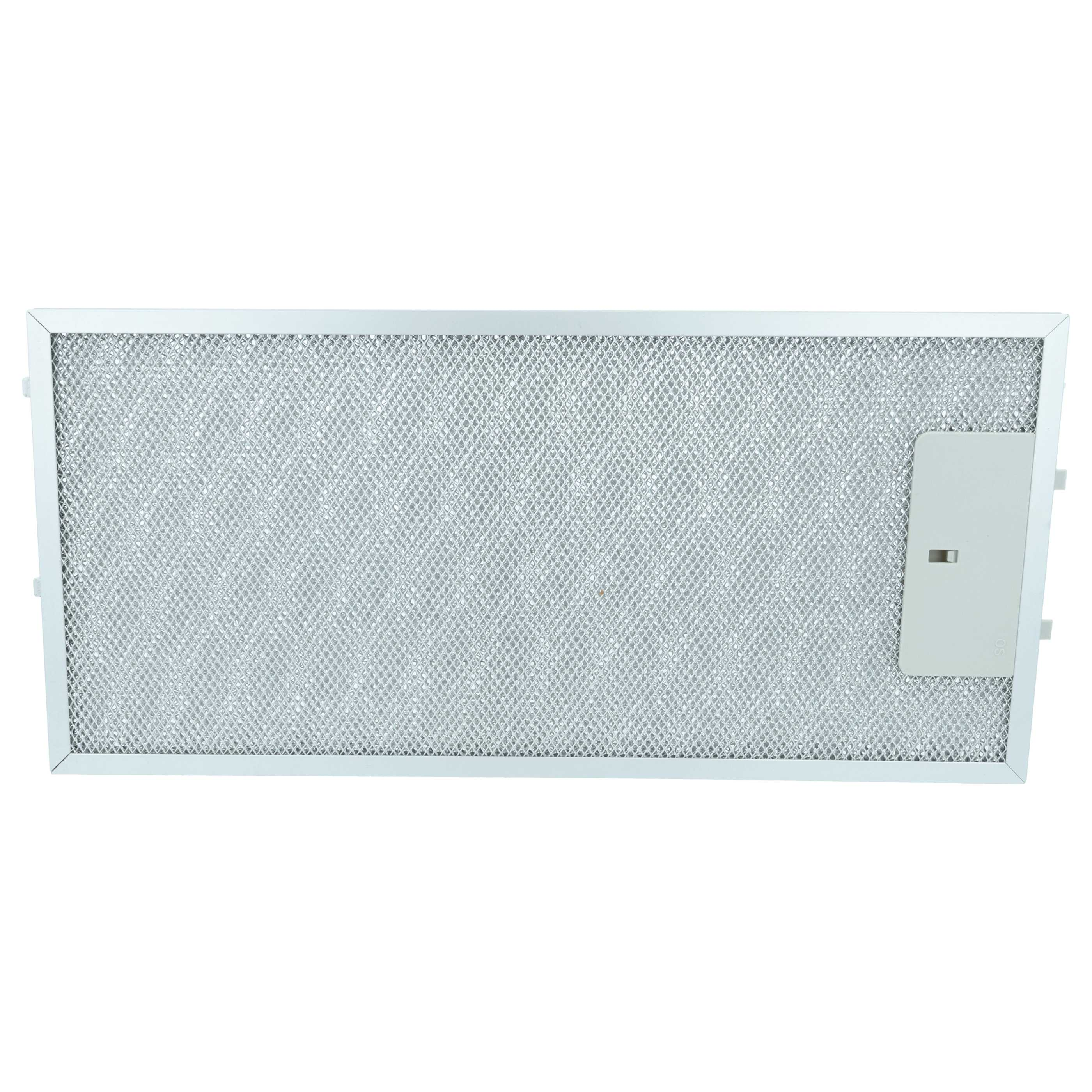 Ein rechteckiger Dunstabzugshaubenfilter aus Metall mit silbernem Gitter und weißem Rahmen.