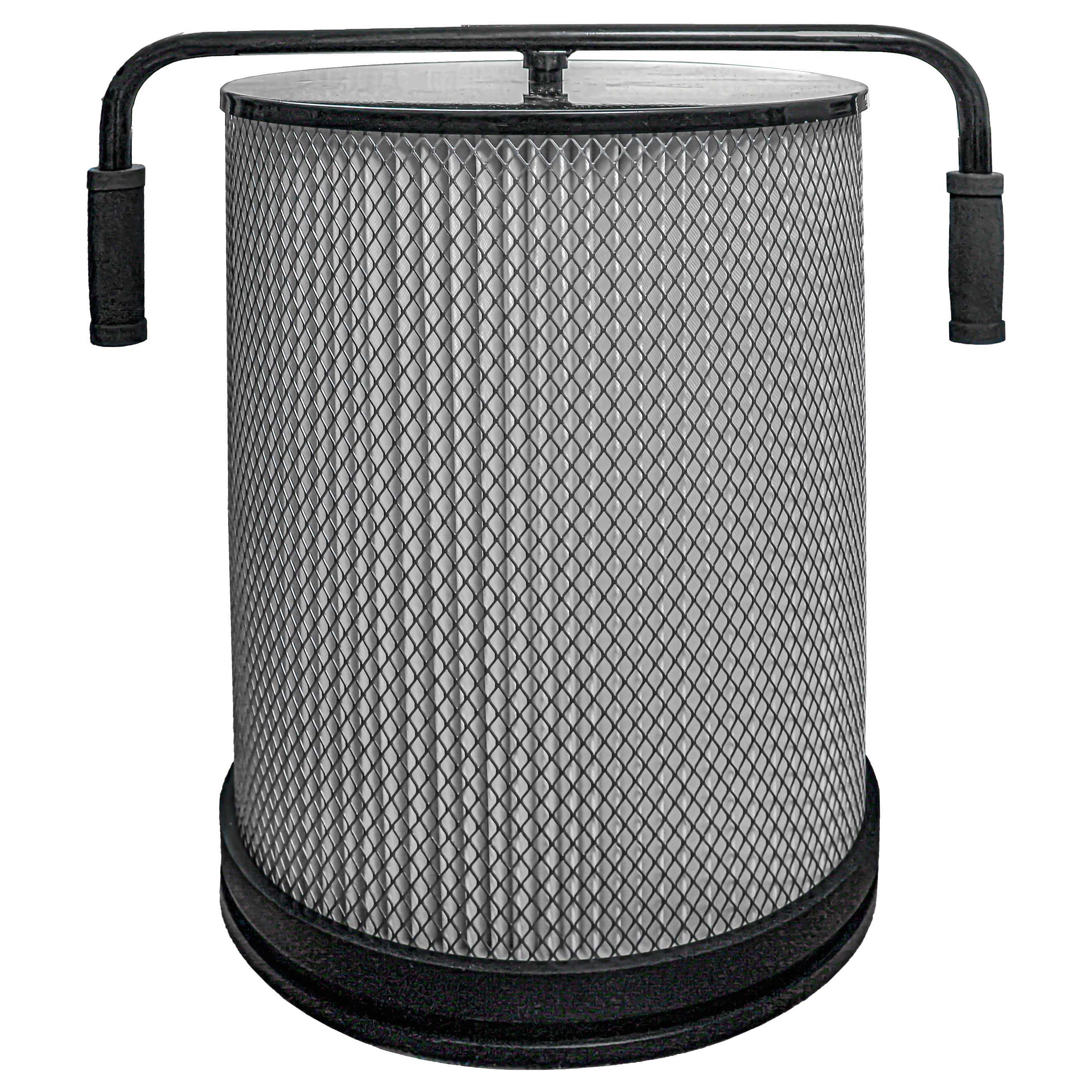 Ein zylindrischer Luftfilter mit schwarzem Metallgriff und grauem Netz.